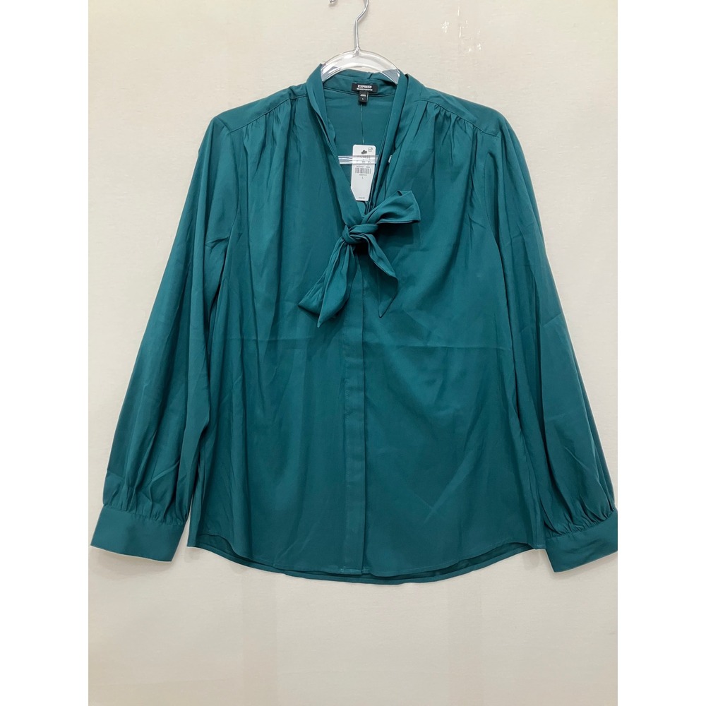 New Express Relaxed Portofino Top Large Green Teal Tie Neck Long Sleeve Preppy